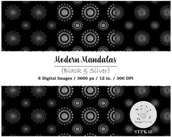 Modern Mandalas Metallic Black & Silver, Digital Paper, Digital Textures, Seamless, Printable, Commercial Use