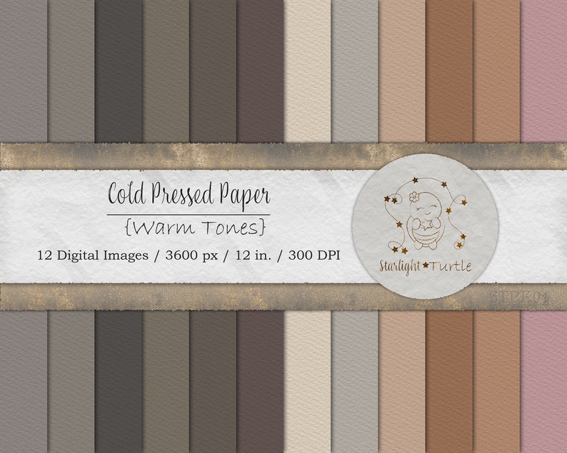 May include: Twelve digital paper textures in warm tones, featuring a variety of beige, brown, and pink shades. The paper has a subtle textured look, reminiscent of cold-pressed watercolor paper. The image includes the text "Cold Pressed Paper {Warm Tones} 12 Digital Images / 3600 px / 12 in. / 300 DPI Starlight Turtle".