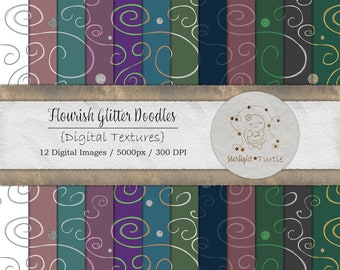 Flourish Glitter Doodles Digital Paper, Digital Textures or Backgrounds