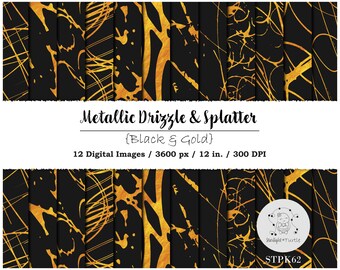 Gold Foil Drizzle Digital Paper, Black Texture, Modern Abstract Art (Digital Download)