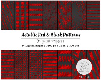 Metallic Red and Black Digital Paper, Geometric Patterns (Digital Download)