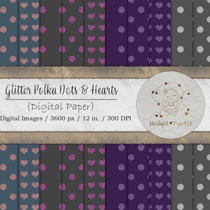 Glitter Polka Dots & Hearts Digital Papers, Textures, Seamless, Purple, Gray, Blue, Pink, Backgrounds, Instant Download, Commercial Use