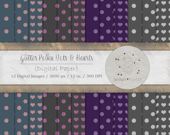 Glitter Polka Dot Hearts Digital Papers, Purple Gray Blue Pink Textures (Instant Download)
