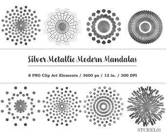 Silver Sun Clip Art PNG.  Metallic Modern Mandala hires images
