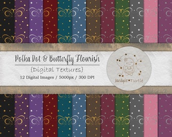 Glitter Polka Dot & Butterfly Digital Paper Textures (Digital Download)