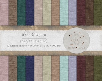 May include: Twelve digital paper textures with a worn and woven look. The textures are in various shades of brown, green, blue, beige, and purple. The image includes the text "Worn & Woven {Digital Fabric} 12 Digital Images / 3600 px / 12 in. / 300 DPI Starlight Turtle".