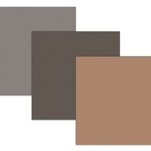 May include: Three square samples of fabric in different shades of brown. The top sample is a light gray, the middle sample is a medium brown, and the bottom sample is a light brown.