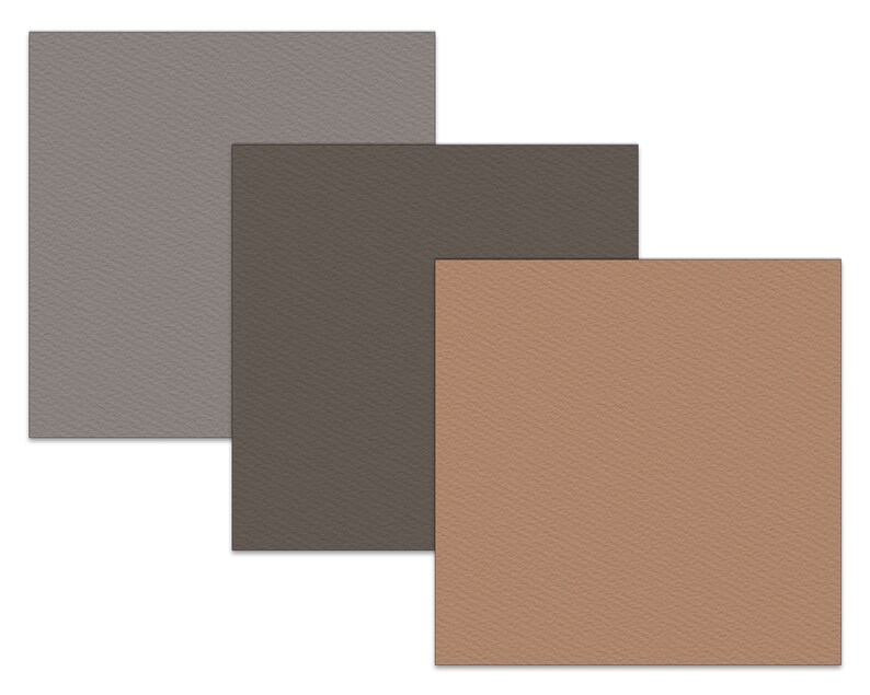 May include: Three square samples of fabric in different shades of brown. The top sample is a light gray, the middle sample is a medium brown, and the bottom sample is a light brown.