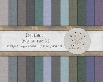 May include: Twelve digital images of cool linen fabric in various shades of gray, blue, and green. Each image is 3600 pixels wide and 12 inches long, with a resolution of 300 DPI. The text "Cool Linen {Digital Fabric} 12 Digital Images / 3600 px / 12 in. / 300 DPI Starlight Turtle" is displayed on a brown background.