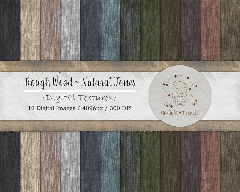 K&ouml;nnte beinhalten: Digitales Bild mit 12 Holztexturen in nat&uuml;rlichen Farbt&ouml;nen. Das Bild zeigt vertikale Holzmaserungsmuster in Braun-, Grau- und Gr&uuml;nt&ouml;nen. Der Text lautet "Rough Wood ~ Natural Tones" und "Digital Textures". Ein Logo einer Schildkr&ouml;te ist ebenfalls vorhanden.