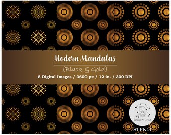 Modern Mandalas Metallic Black & Gold, Digital Paper, Digital Textures, Seamless, Printable, Commercial Use