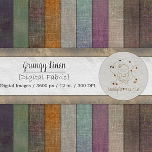 May include: Twelve digital paper textures in various shades of brown, green, and purple. The textures resemble linen fabric with a grungy, distressed look. The text "Grungy Linen (Digital Fabric)" and "12 Digital Images / 3600 px / 12 in. / 300 DPI" is displayed at the bottom of the image. A logo with the text "Starlight Turtle" is displayed in the bottom right corner.