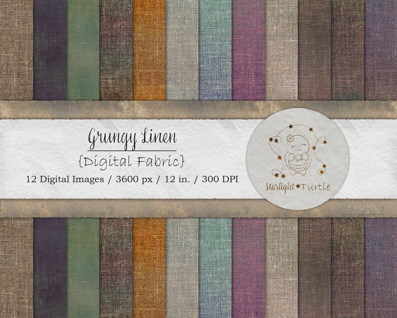 May include: Twelve digital paper textures in various shades of brown, green, and purple. The textures resemble linen fabric with a grungy, distressed look. The text "Grungy Linen (Digital Fabric)" and "12 Digital Images / 3600 px / 12 in. / 300 DPI" is displayed at the bottom of the image. A logo with the text "Starlight Turtle" is displayed in the bottom right corner.
