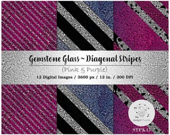 Pink Purple Gemstone Glass Digital Paper, Diagonal Stripes (Digital Download)