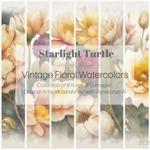 May include: A digital collage of eight watercolor paintings featuring vintage floral designs in shades of pink, yellow, and white. The text "Starlight Turtle Dreams, Art, Imagination Vintage Floral Watercolors Collection of 8 hi-res JPG images Original Artwork combined with Generative AI" is superimposed on the image.