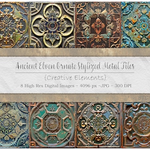 Ancient Elven Ornate Stylized Metal Tiles, Creative Elements, Patina, Grungy, Worn, Embossed, High Resolution Images, Commercial Use