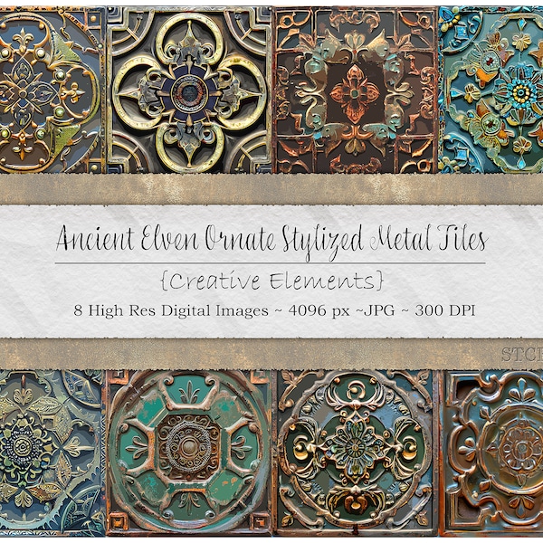 Ancient Elven Ornate Stylized Metal Tiles, Creative Elements, Patina, Grungy, Worn, Embossed, High Resolution Images, Commercial Use