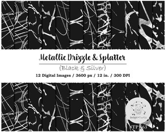 Silver Foil Drizzle Digital Paper, Black Texture (Digital Download)