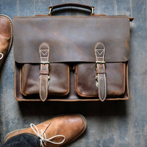 Custom Front Pocket Men's Leather Messenger Bag Etsy