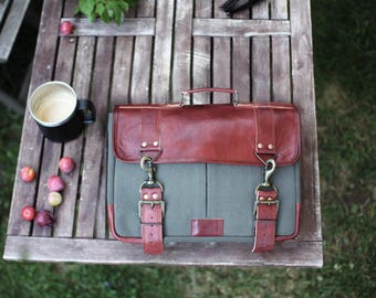 Custom Sage Grey Montauk Men's Canvas Leather Messenger Man Bag