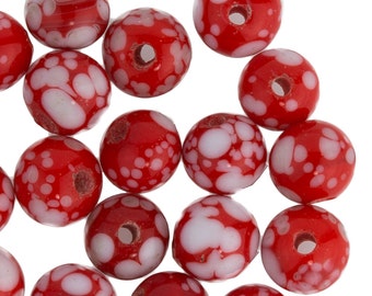 Vintage Japans rood en wit gespikkeld glas. 5 mm. Verpakking van 25. b11-rd-0700