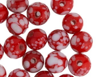 Vintage Japanese red and white speckled glass rounds. 5mm. Pkg of 25. b11-rd-0700