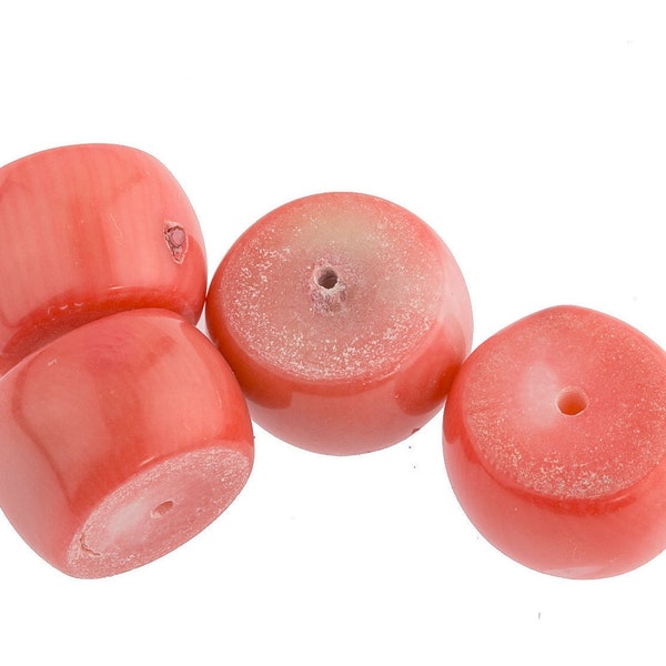 Natural bamboo coral drum bead,  dyed.  Salmon color.  Sizes vary.  9x11mm to 12x12mm. 2 beads. b4-cor417-1