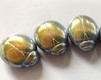 2-hole glass scarab bead with iridescent Marea crackle finish.  20x16x8mm. Pkg. 1.  b11-mi-2072