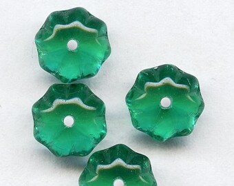 b11-gr-0994-Vintage emerald glass fluted saturn beads, 8x6mm pkg of 15