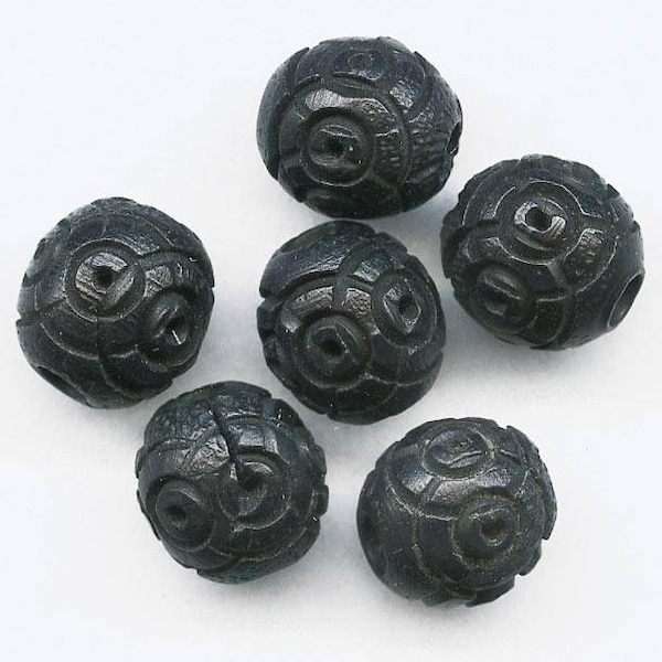 Antique French carved black Corozzo Tagua Palm beads 6mm pkg of 15. b7-wo248