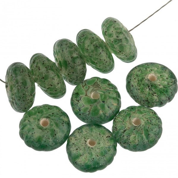 Vintage jade glass flat melon beads, US Zone Germany, 5x9mm pkg of 6. b11-gr-1002-1