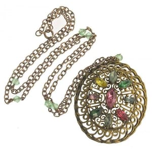 Edwardian brass filigree pendant with multi colored glass stones. pded072