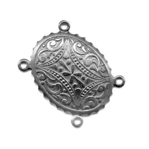 Silver plated concho oval stamping or connector with 4 rings, 24x19mm, Pkg 1. b9-0934s