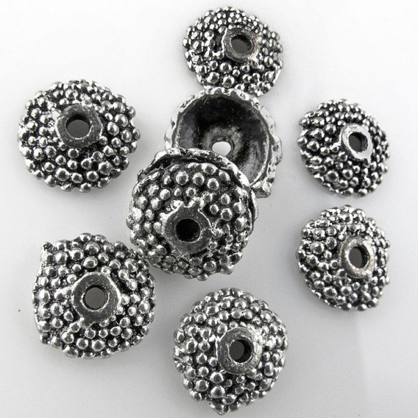 Antiqued silver pewter bead caps with granulated design. 9mm, Pkg of 10. b9-1056