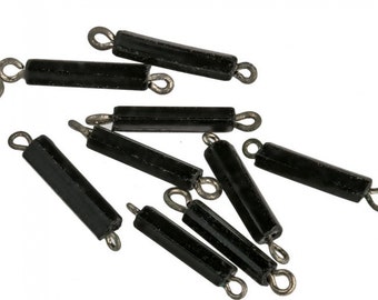 Old fine jet glass bugles on silver wire. Pkg of 20.  b11-bw-0824