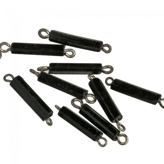 Old fine jet glass bugles on silver wire. Pkg of 20.  b11-bw-0824