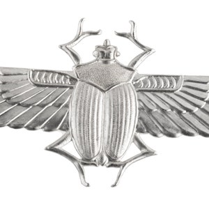 Puede incluir: Escarabajo plateado con las alas extendidas. El escarabajo tiene una superficie detallada y texturizada y es un símbolo popular del antiguo Egipto.
