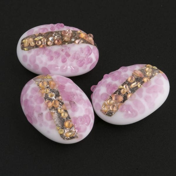 Japanese Vintage milk glass flat back stone with sugar dots and gold foil stripe. 19x14mm. Pkg 1. B5-0160-1