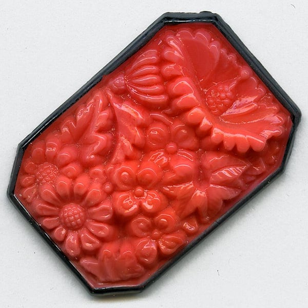 Old Bohemian molded black rimmed coral glass flat-back "carved" floral rectangle. 35x25mm, pkg of 1. b5-592