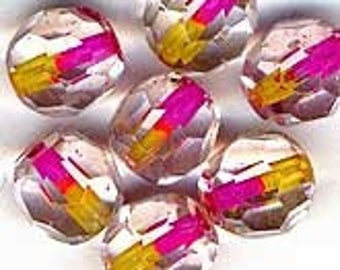 Vintage German crystal round bead with pink and yellow core. 7mm Pkg of 10. b11-cr-0419