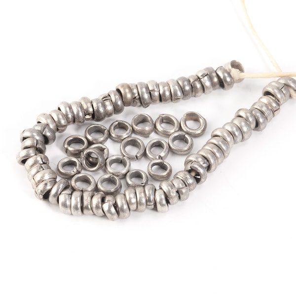 Ethiopian handmade silver plated heishi spacer beads, 1.7x4mm, 100+ pc, approx. 8 inches.  vintage.  b18-670