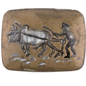 Vintage medieval peasant with plough and oxen glass intaglio silver foil on gold. 28x22mm. Pkg of 1. b5-515