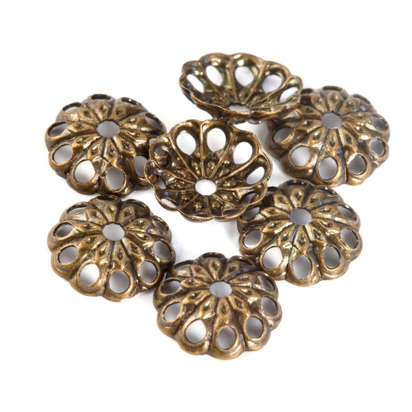 Vintage oxidized solid brass stamped ornate 10 petal 6mm bead cap. Pkg.20. b9-2499