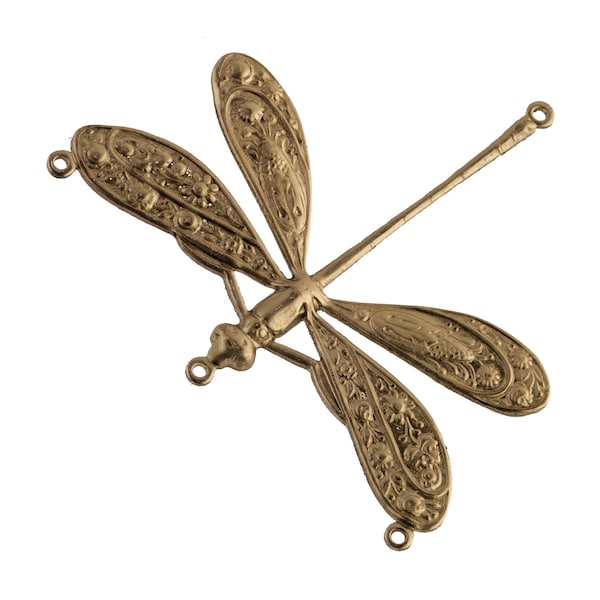 Ornate Dragonfly Stamping in Oxidized Solid Brass. 44x50mm. 3 Rings. b9-0620