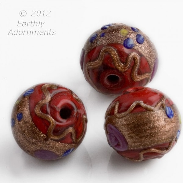 Vintage Venetian Fiorato wedding cake beads, opaque red with aventurine and rosettes c. 1950s, 14x16mm, sold individually. b1-653