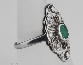 Vintage estate transitional 14k white gold filigree, emerald & diamond ring c. 1920. rgfn122