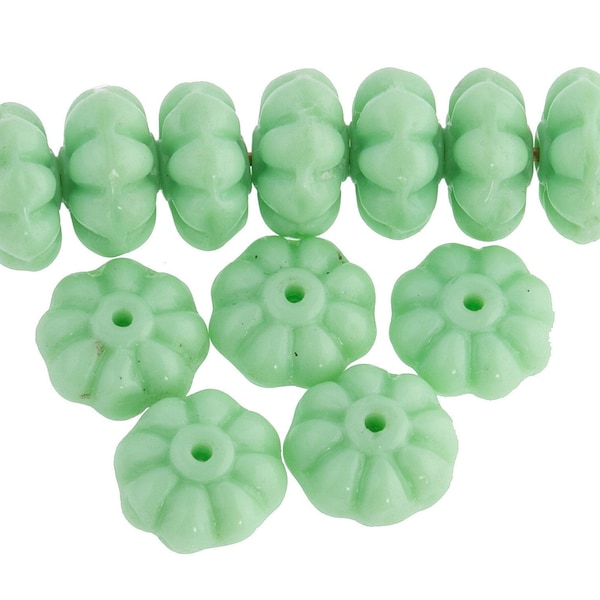 Vintage opaque mint green fluted flower glass rondelles10x5mm, Japan, Pkg of 12. b11-gr-1027