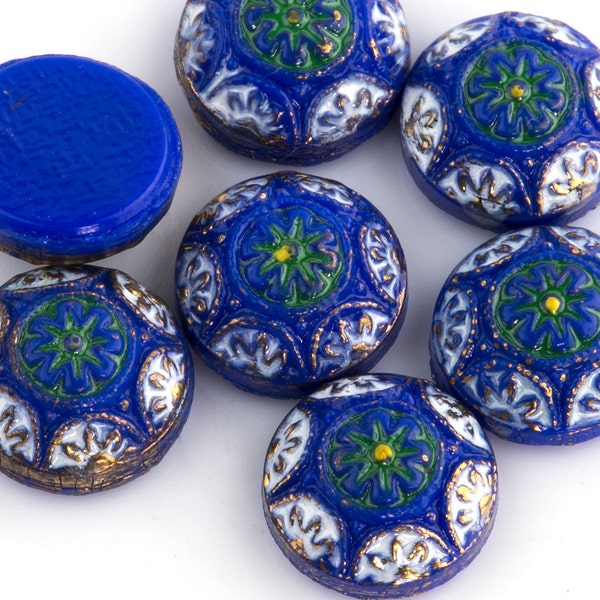 Vintage Czech blue round pressed mosaic flat back stones. 8mm. Pkg of 6. b5-508
