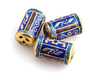 Blue enamel and gold plate cylinder bead with floral ornamental design. High quality bead.  China.  18x10mm.  Pkg.2. b2-665