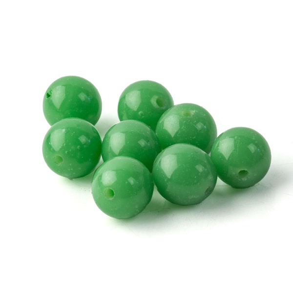 Vintage Chinese hand made opaque jade green glass beads. 9-10mm. Pkg.10. 1950s. b11-gr-2049